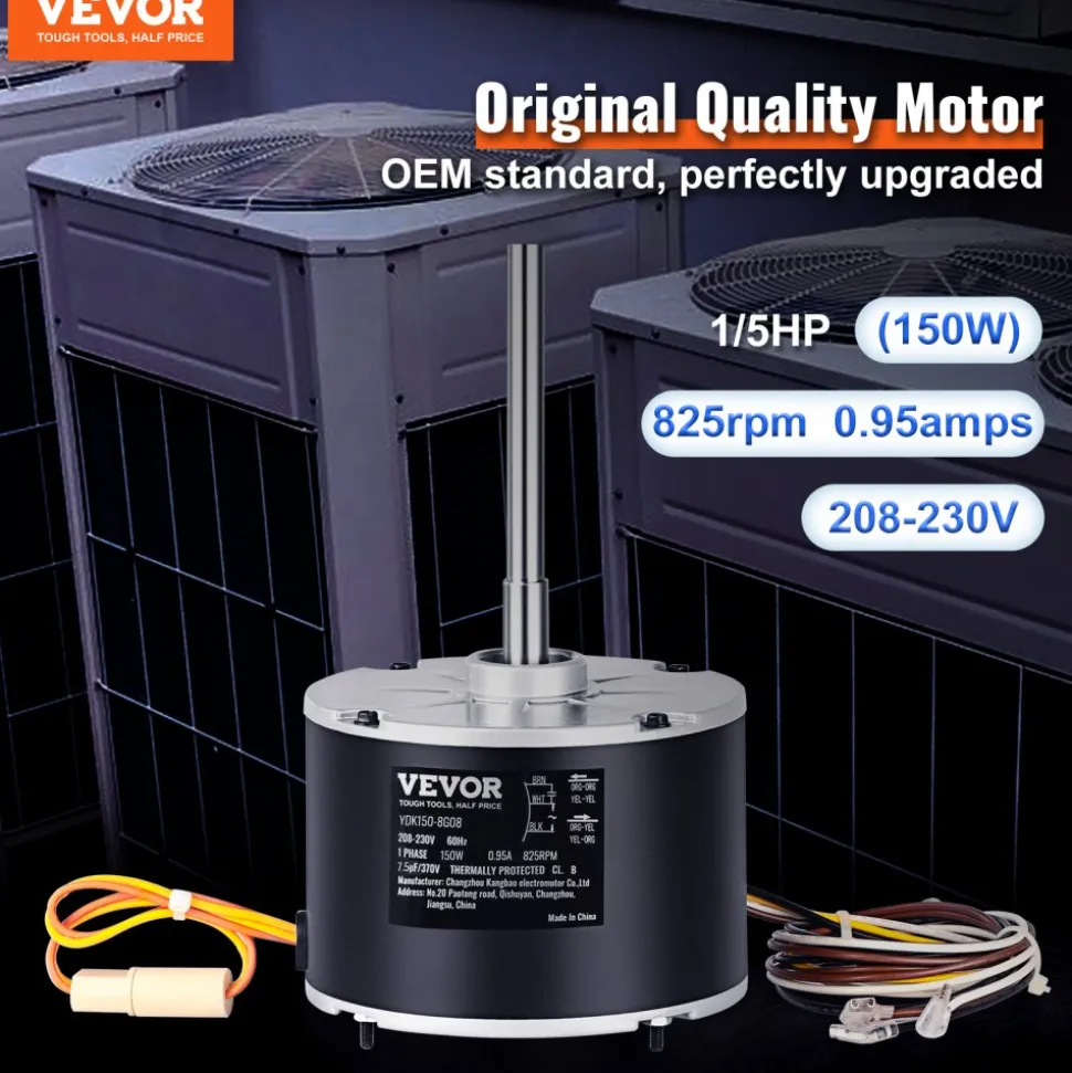 VEVOR Condenser Fan Motor 5KCP39GFS166S, 3S003, 1/5 HP 208-230V, 825RPM, OEM Standard Upgraded Replacement Condenser Motor Reversible Rotating, Explosion-proof CBB65 7.5μF/370V Capacitor