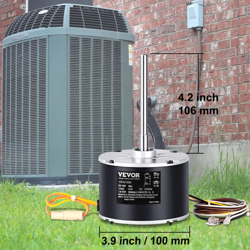 VEVOR Condenser Fan Motor K55HXJKL-2918, 51-23055-11, 1/5 HP 208-230V, 1075RPM, OEM Standard Upgraded Replacement Condenser Motor Reversible Rotating, Explosion-proof CBB65 5μF/370V Capacitor