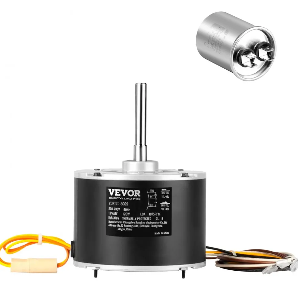 VEVOR Condenser Fan Motor OGD1016, 1/6 HP 208-230V Condenser Fan Motor 1075RPM, OEM Standard Upgraded Replacement Condenser Motor Reversible Rotating, Explosion-proof CBB65 5μF/370V Capacitor