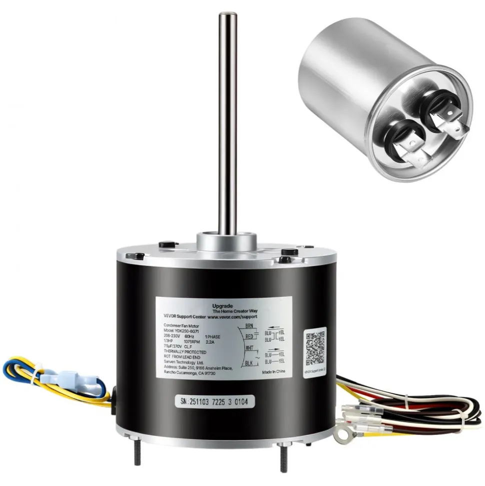 VEVOR Condenser Fan Motor with Capacitor, 1/3HP 1075RPM 208-230V, Compatible with GE Genteq K55HXGDD-81195 5KCP39GGY209AS, Fasco D925 D7908, Dayton EM3729F, Century FSE1036SV1, Rheem Ruud 51-100998-05