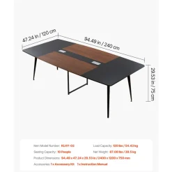 VEVOR Conference Table, 8 ft Boat Shaped Office Meeting Table for 10 Person, Modern Large Boat Meeting Desk with Metal Legs, Ideal for Office, Boardroom, Conference Room, Easy Assembly, Black & Brown