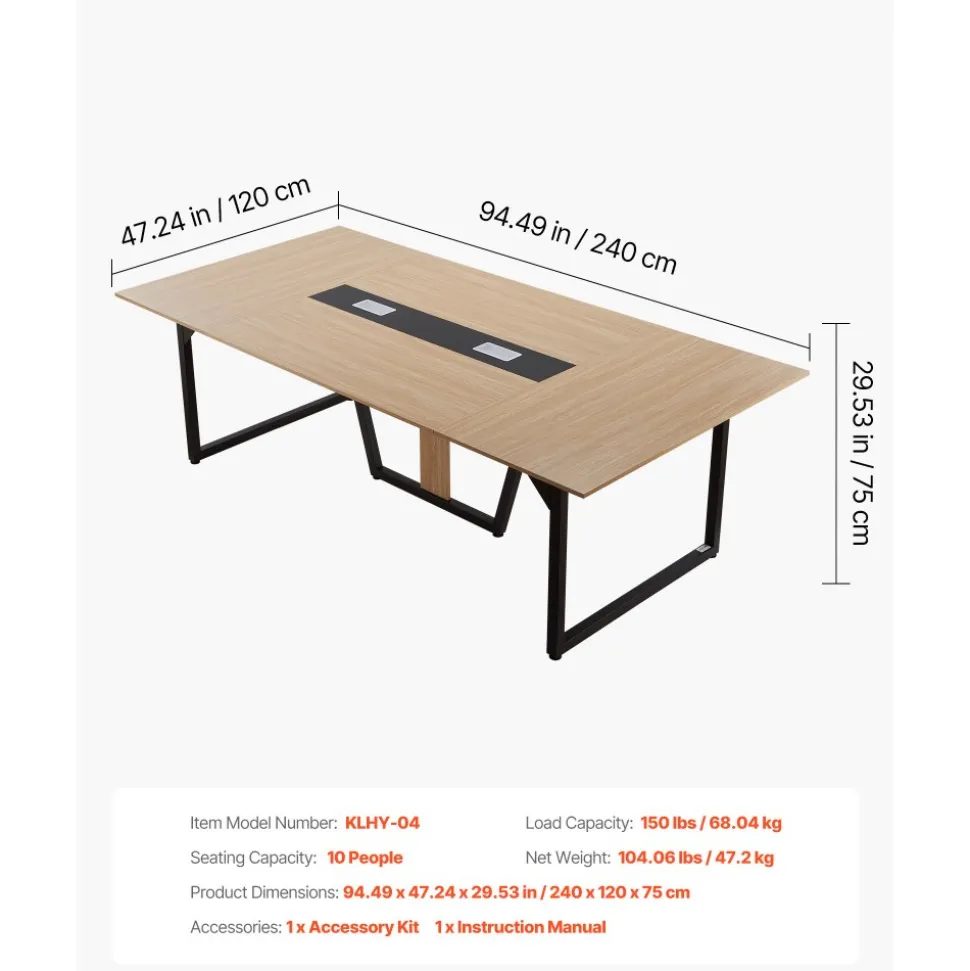 VEVOR Conference Table, 8 ft Office Meeting Table for 10 Person, Modern Rectangle Seminar Desk with Metal Legs, Large Meeting Desk Ideal for Office, Boardroom, Conference Room, Easy Assembly, Brown