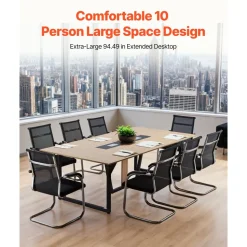 VEVOR Conference Table, 8 ft Office Meeting Table for 10 Person, Modern Rectangle Seminar Desk with Metal Legs, Large Meeting Desk Ideal for Office, Boardroom, Conference Room, Easy Assembly, Brown