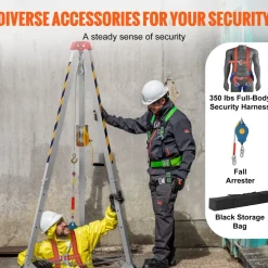 VEVOR Confined Space Tripod Kit, Heavy Duty Rescue Tripod Lifting Hoist 1800 lbs Winch, 4.1 ft Adjustable Legs, 65 ft Cable Portable Kit, 32.8 ft Fall Protection, 4.40-7.05 ft Working Height