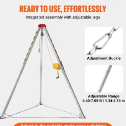 VEVOR Confined Space Tripod Kit, Heavy Duty Rescue Tripod Lifting Hoist 1800 lbs Winch, 4.1 ft Adjustable Legs, 65 ft Cable Portable Kit, 32.8 ft Fall Protection, 4.40-7.05 ft Working Height