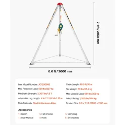 VEVOR Confined Space Tripod Kit, Heavy Duty Rescue Tripod Lifting Hoist 1200 lbs Winch, 4.1 ft Adjustable Legs, 98.5 ft Cable Portable Kit, 32.8 ft Fall Protection, 4.40-7.05 ft Working Height
