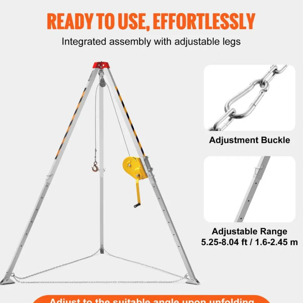 VEVOR Confined Space Tripod Kit, Confined Space Tripod 8' Legs and 98' Cable, Confined Space Rescue Tripod 32.8' Fall Protection, 2600 lbs Winch, Harness, Storage Bag