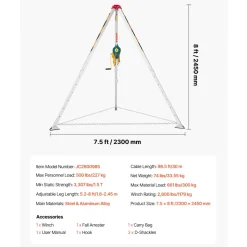 VEVOR Confined Space Tripod Kit, Heavy Duty Rescue Tripod Lifting Hoist 2600 lbs Winch, 4.76 ft Adjustable Legs, 98.5 ft Cable Portable Kit, 32.8 ft Fall Protection, 5.25-8.04 ft Working Height