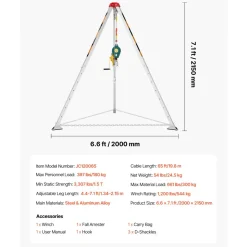 VEVOR Confined Space Tripod Kit, Heavy Duty Rescue Tripod Lifting Hoist 1200 lbs Winch, 4.1 ft Adjustable Legs, 65 ft Cable Portable Kit, 32.8 ft Fall Protection, 4.40-7.05 ft Working Height