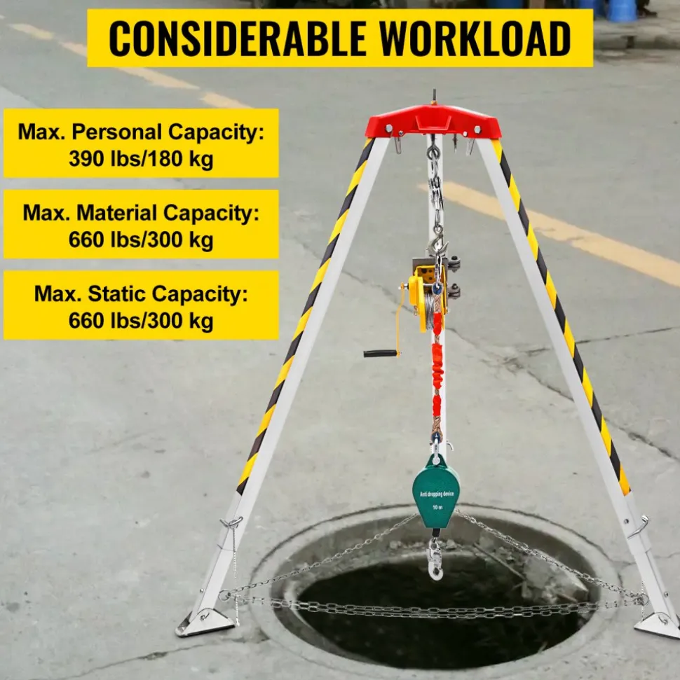 VEVOR Confined Space Tripod 1800lbs Winch and 8' Legs Confined Space Rescue Kit 98' Cable Rescue Tripod with 32.8' Fall Protection for Confined Space Rescue