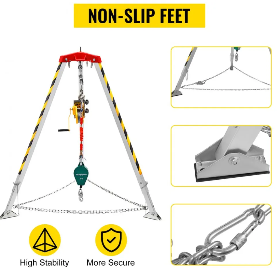 VEVOR Confined Space Tripod 1800lbs Winch and 8' Legs Confined Space Rescue Kit 98' Cable Rescue Tripod with 32.8' Fall Protection for Confined Space Rescue