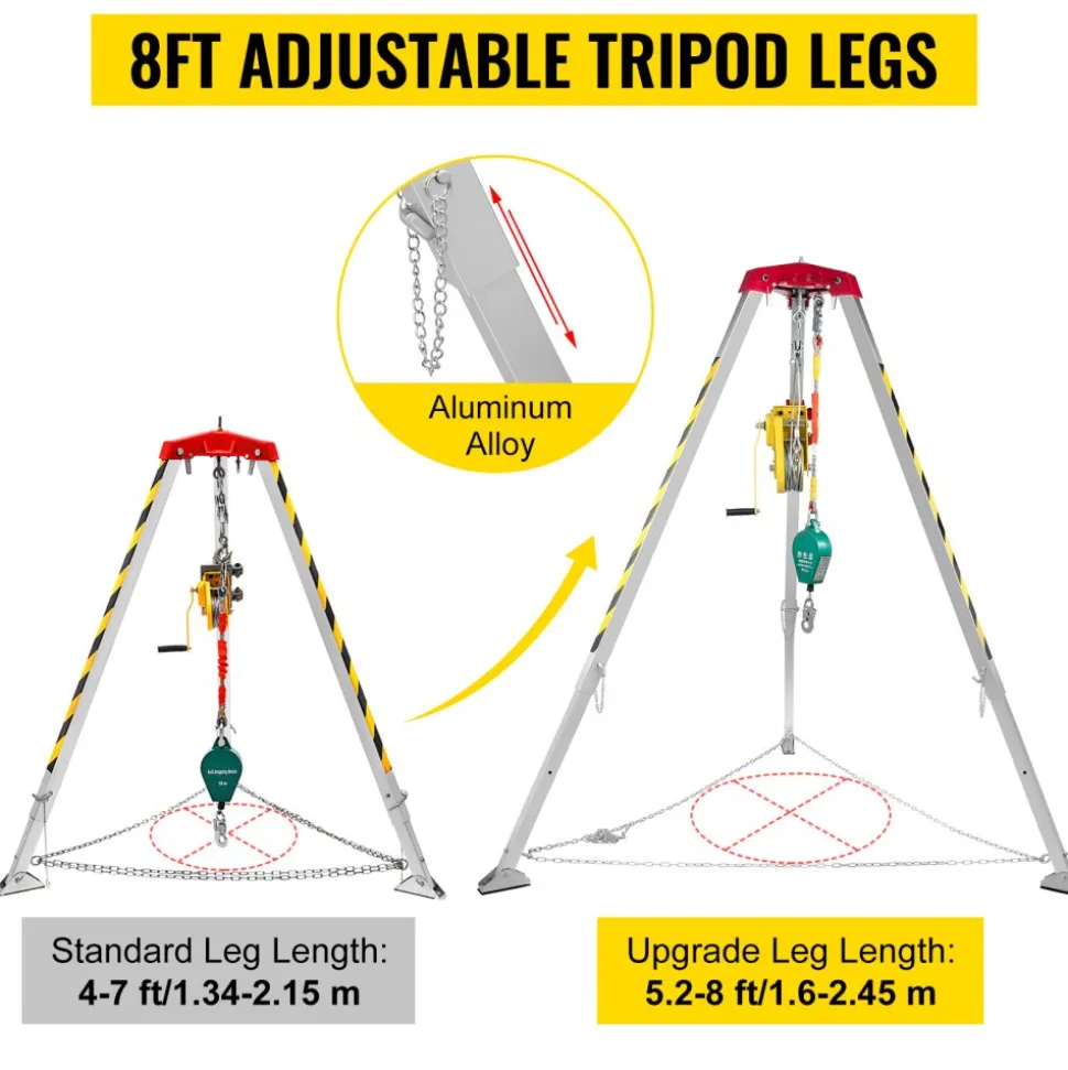 VEVOR Confined Space Tripod with 2600lbs Winch Confined Space Kit 8' Legs and 98' Cable Confined Space Rescue Tripod with 32.8' Fall Protection for Confined Space Rescue