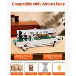 VEVOR Continuous Bag Band Sealing Machine, 0.24-0.47 in Seal Width, Horizontal Band Sealer Machine with Ink Printing, Temp & Speed Adjustable, Heat Sealing Machine for 0.001-0.03 in Plastic Bags
