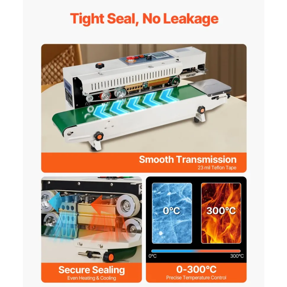 VEVOR Continuous Bag Band Sealing Machine, 0.24-0.47 in Seal Width, Horizontal Band Sealer Machine with Ink Printing, Temp & Speed Adjustable, Heat Sealing Machine for 0.001-0.03 in Plastic Bags