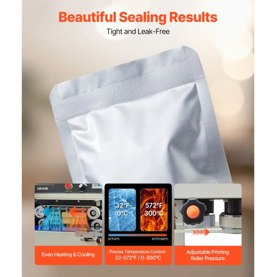 VEVOR Continuous Bag Band Sealing Machine, 0.24-0.47 in Seal Width, Vertical Band Sealer Machine with Roller Printing , Temp & Speed Adjustable, Heat Sealing Machine for 0.001-0.03 in Plastic Bags