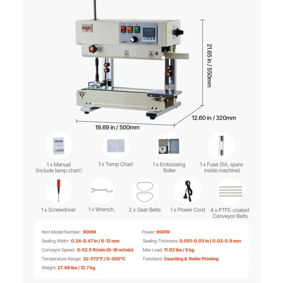 VEVOR Continuous Bag Band Sealing Machine, 0.24-0.47 in Seal Width, Vertical Band Sealer Machine with Roller Printing , Temp & Speed Adjustable, Heat Sealing Machine for 0.001-0.03 in Plastic Bags