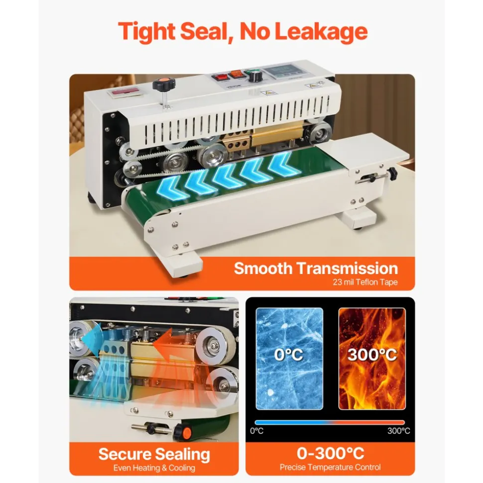 VEVOR Continuous Bag Band Sealing Machine, 0.24-0.47 in/6-12 mm Seal Width, Horizontal Band Sealer Machine with Digital Temperature Control, Bag Sealer for 0.02-0.8 mm Plastic Bags with Count Function