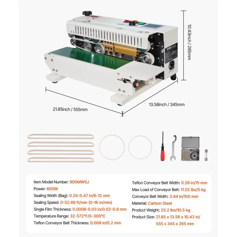 VEVOR Continuous Bag Band Sealing Machine, 0.24-0.47 in/6-12 mm Seal Width, Horizontal Band Sealer Machine with Digital Temperature Control, Bag Sealer for 0.02-0.8 mm Plastic Bags with Count Function