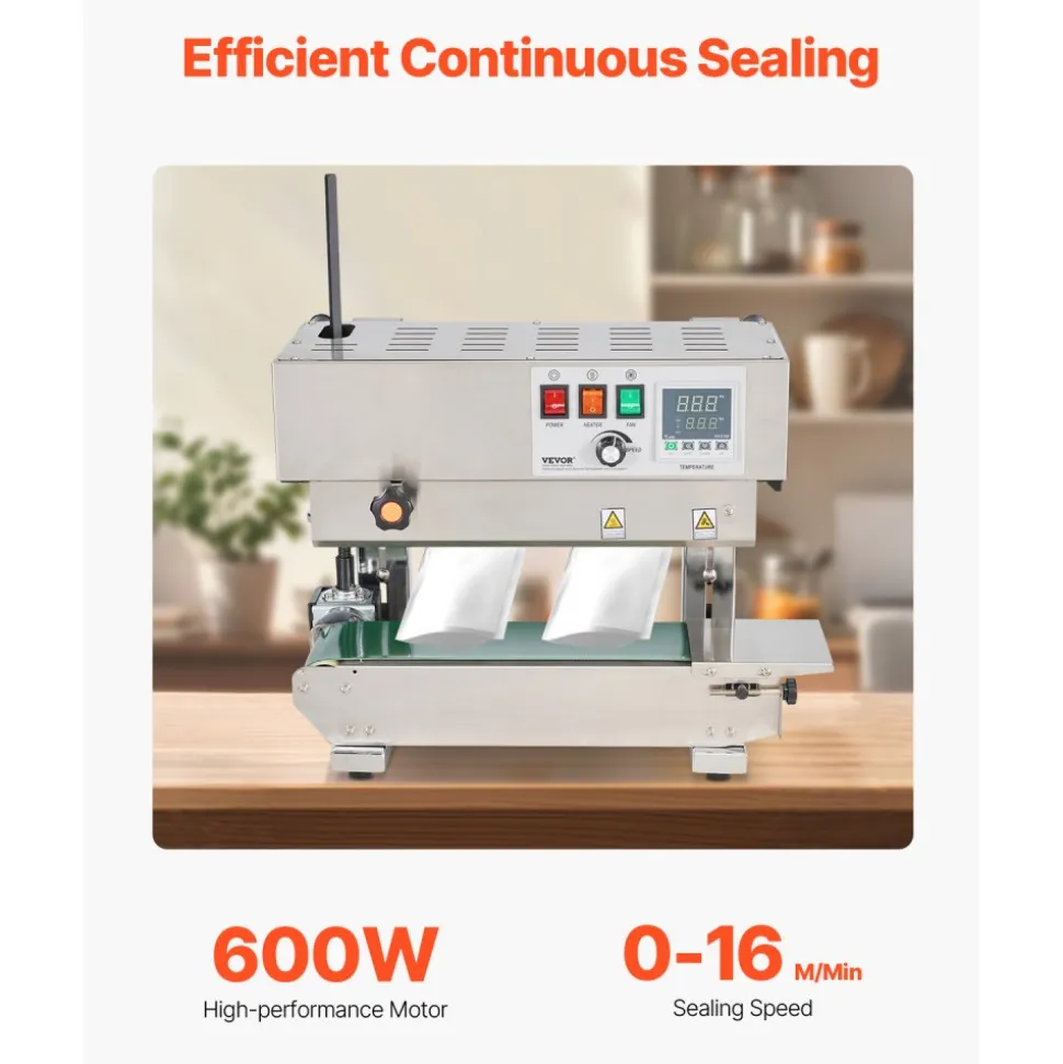 VEVOR Continuous Bag Band Sealing Machine, 0.24-0.47 in/6-12 mm Seal Width, Horizontal Band Sealer Machine with Digital Temperature Control, Stainless Steel Bag Sealer for 0.02-0.8 mm Plastic Bag Film