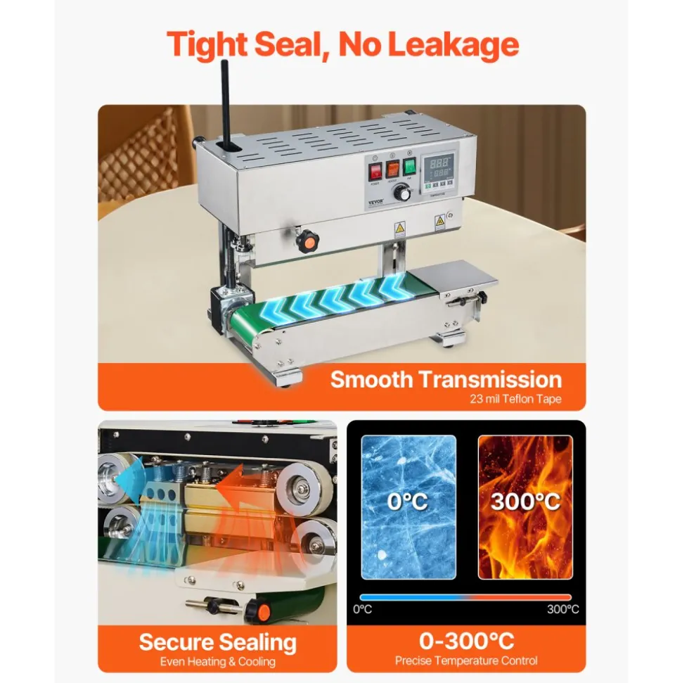 VEVOR Continuous Bag Band Sealing Machine, 0.24-0.47 in/6-12 mm Seal Width, Horizontal Band Sealer Machine with Digital Temperature Control, Stainless Steel Bag Sealer for 0.02-0.8 mm Plastic Bag Film