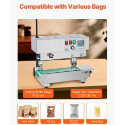 VEVOR Continuous Bag Band Sealing Machine, 0.24-0.47 in/6-12 mm Seal Width, Horizontal Band Sealer Machine with Digital Temperature Control, Stainless Steel Bag Sealer for 0.02-0.8 mm Plastic Bag Film