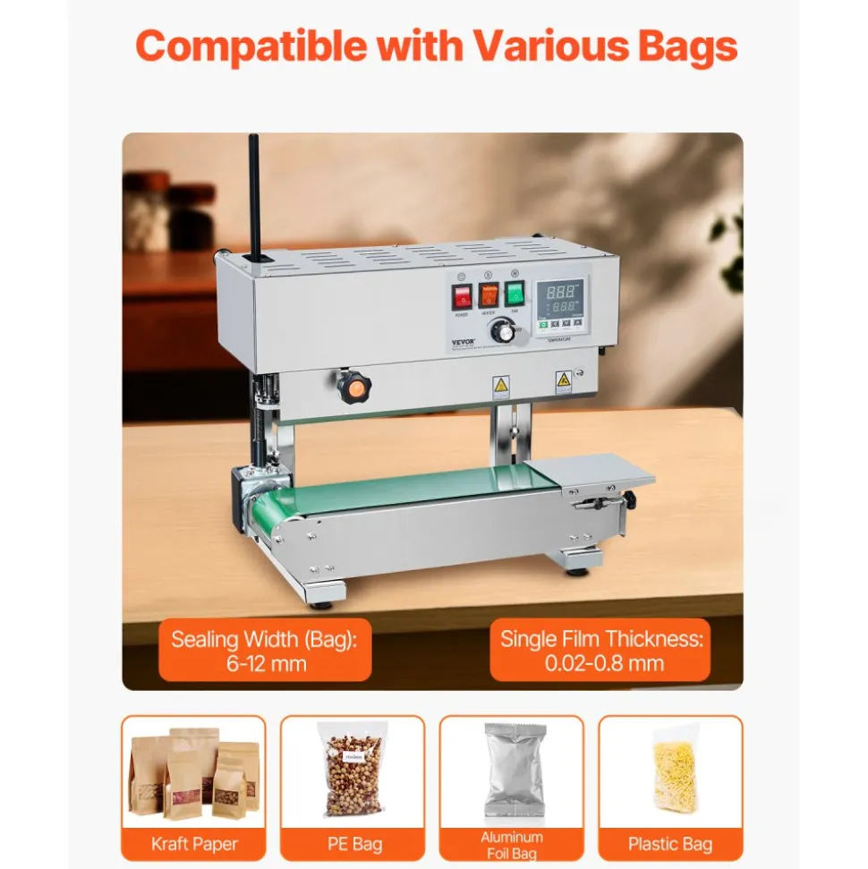 VEVOR Continuous Bag Band Sealing Machine, 0.24-0.47 in/6-12 mm Seal Width, Horizontal Band Sealer Machine with Digital Temperature Control, Stainless Steel Bag Sealer for 0.02-0.8 mm Plastic Bag Film