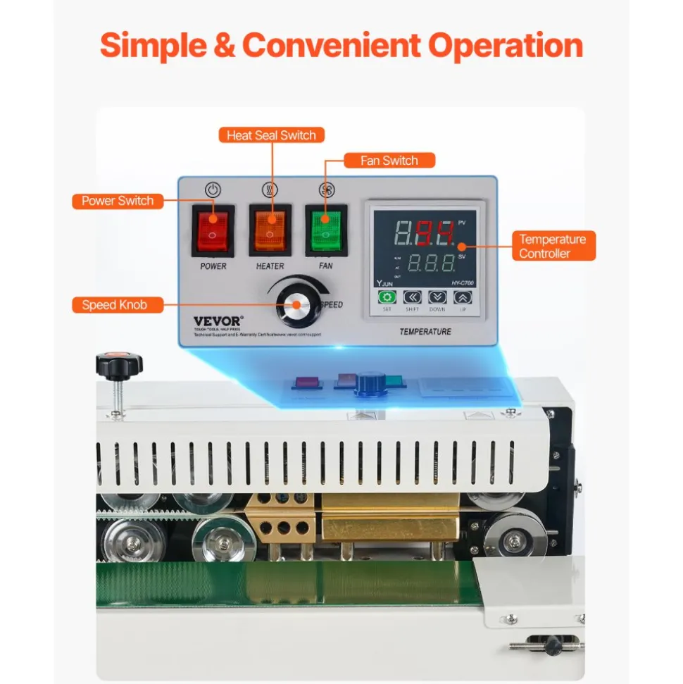 VEVOR Continuous Bag Band Sealing Machine, 0.24-0.47 in/6-12 mm Seal Width, Horizontal Band Sealer Machine with Digital Temperature Control, Stainless Steel Bag Sealer for 0.02-0.8 mm Plastic Bag Film
