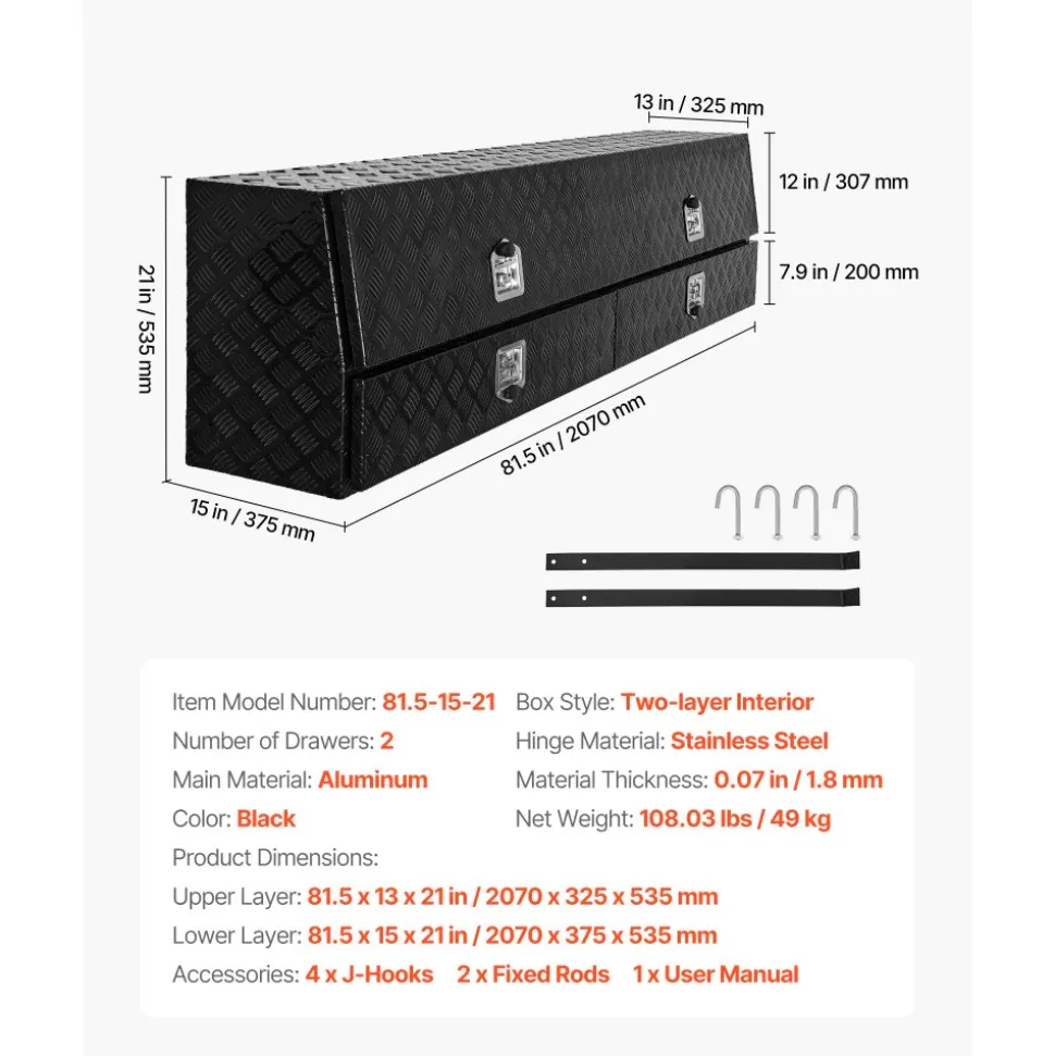 VEVOR Contractor Truck Tool Box, 81.5 x 21 x 13 in, Black Tread Aluminum TopSider Toolbox with Two Lower Drawers, Flip Up Door, Weather-Resistant Heavy Duty Storage Box, with Latch, for Truck Bed