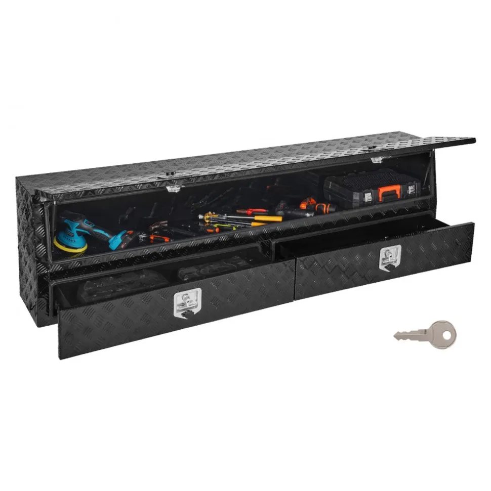 VEVOR Contractor Truck Tool Box, 81.5 x 21 x 13 in, Black Tread Aluminum TopSider Toolbox with Two Lower Drawers, Flip Up Door, Weather-Resistant Heavy Duty Storage Box, with Latch, for Truck Bed