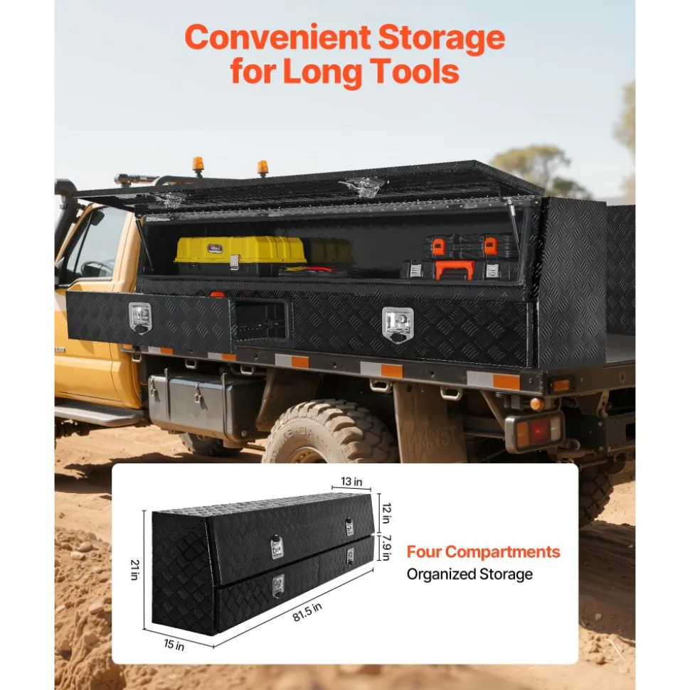 VEVOR Contractor Truck Tool Box, 81.5 x 21 x 13 in, Black Tread Aluminum TopSider Toolbox with Two Lower Drawers, Flip Up Door, Weather-Resistant Heavy Duty Storage Box, with Latch, for Truck Bed