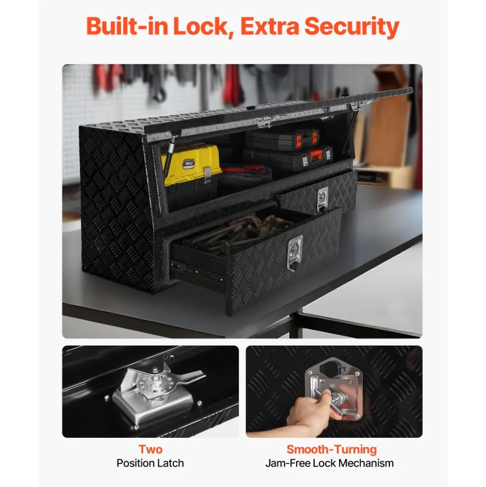 VEVOR Contractor Truck Tool Box, 81.5 x 21 x 13 in, Black Tread Aluminum TopSider Toolbox with Two Lower Drawers, Flip Up Door, Weather-Resistant Heavy Duty Storage Box, with Latch, for Truck Bed