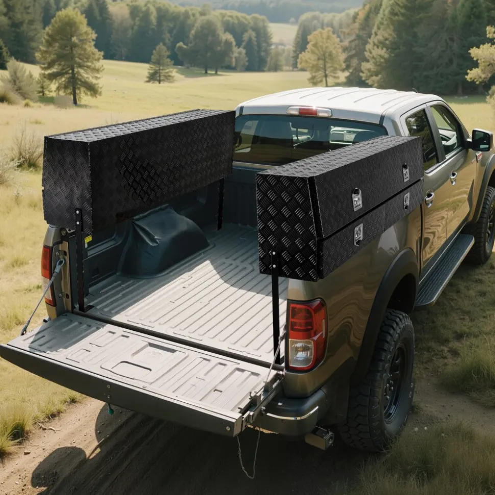 VEVOR Contractor Truck Tool Box, 81.5 x 21 x 13 in, Black Tread Aluminum TopSider Toolbox with Two Lower Drawers, Flip Up Door, Weather-Resistant Heavy Duty Storage Box, with Latch, for Truck Bed