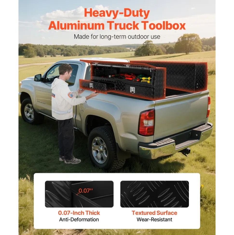 VEVOR Contractor Truck Tool Box, 81.5 x 21 x 13 in, Black Tread Aluminum TopSider Toolbox with Two Lower Drawers, Flip Up Door, Weather-Resistant Heavy Duty Storage Box, with Latch, for Truck Bed