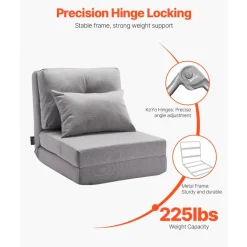 VEVOR Convertible Flip Chair, 5-Position Adjustable Floor Lazy Sofa, Folding Upholstered Couch Bed with Adjustable Backrest Metal Frame and Pillow, Folding Sofa Bed Chair for Living Room Bedroom, Gray