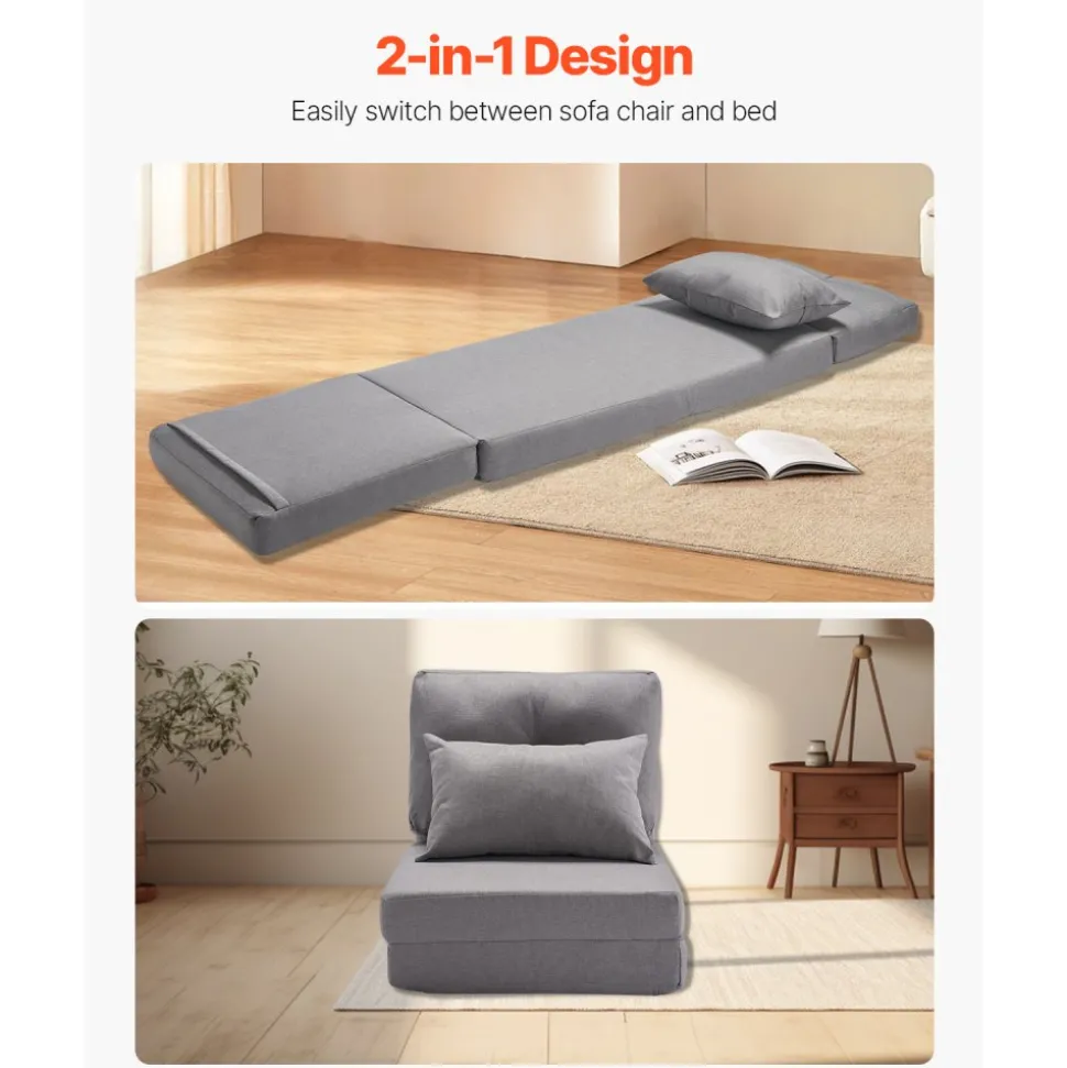 VEVOR Convertible Flip Chair, 5-Position Adjustable Floor Lazy Sofa, Folding Upholstered Couch Bed with Adjustable Backrest Metal Frame and Pillow, Folding Sofa Bed Chair for Living Room Bedroom, Gray