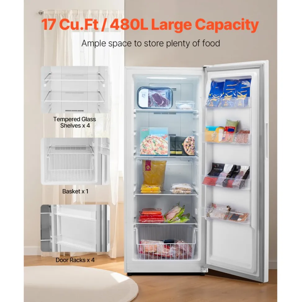 VEVOR Convertible Freezer/Refrigerator, 17 Cu.Ft Frost Free Upright Freezer with Temp Control Panel, Door Open too Long Alarm, Adjustable Shelves and LED, Standing Fridge for Kitchen, Office, Garage