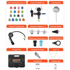 VEVOR Coolant Pressure Tester Kit, 47Pcs Radiator Vacuum Refill Kit with 3 Metal Adapters, Universal Fit, Automotive Cooling System Pressure Tester Tool, with Pressures Pump & Plastic Filler