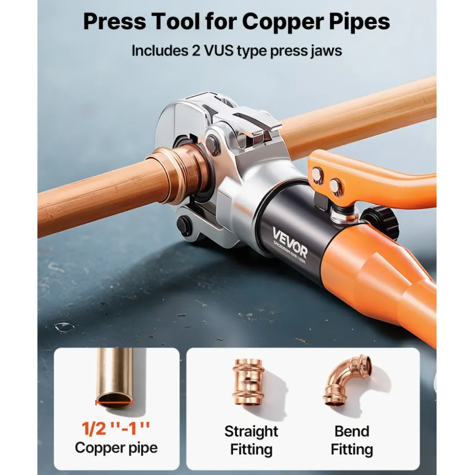 VEVOR Copper Pipe Crimping Tool, Hydraulic Driven Press Tool with 1/2", 3/4", 1" VUS Jaws, Copper Tube Fittings Crimper for Narrow Spaces, Straight & Bend Fittings - Compatible with ProPress