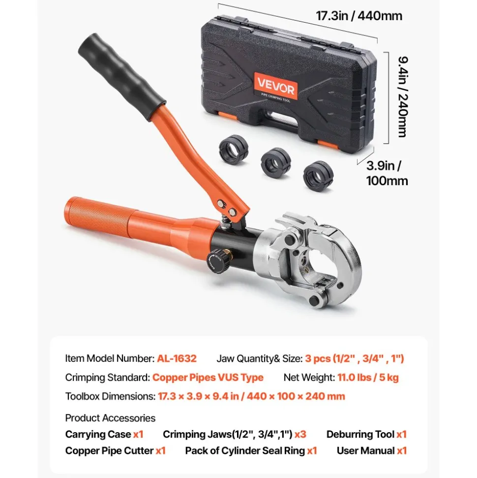 VEVOR Copper Pipe Crimping Tool, Hydraulic Driven Press Tool with 1/2", 3/4", 1" VUS Jaws, Copper Tube Fittings Crimper for Narrow Spaces, Straight & Bend Fittings - Compatible with ProPress