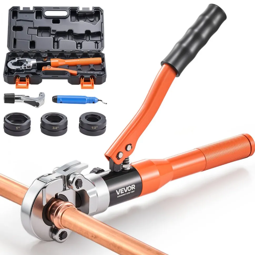 VEVOR Copper Pipe Crimping Tool, Hydraulic Driven Press Tool with 1/2", 3/4", 1" VUS Jaws, Copper Tube Fittings Crimper for Narrow Spaces, Straight & Bend Fittings - Compatible with ProPress