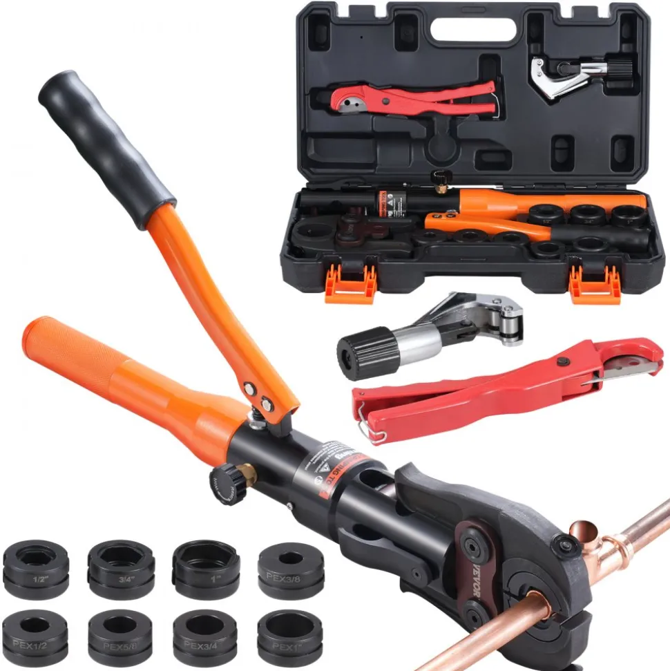 VEVOR Copper Pipe Crimping Tool, Hydraulic Driven Press Tool with 1/2", 3/4", 1" VUS Jaws, Copper Tube Fittings Pipe Crimpers for Narrow Spaces and Tee Fittings