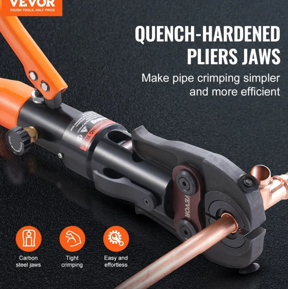 VEVOR Copper Pipe Crimping Tool, Hydraulic Driven Press Tool with 1/2", 3/4", 1" VUS Jaws, Copper Tube Fittings Pipe Crimpers for Narrow Spaces and Tee Fittings