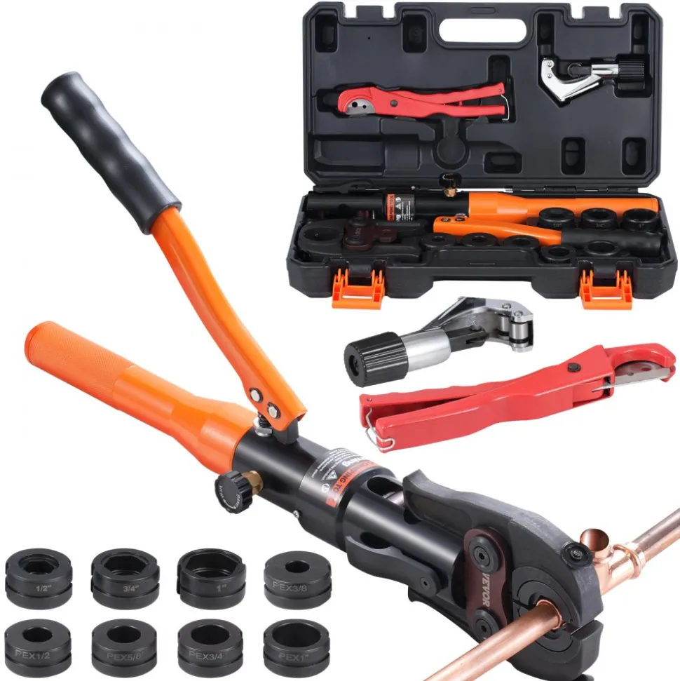 VEVOR Copper Pipe Crimping Tool, Hydraulic Driven Press Tool with 1/2", 3/4", 1" VUS Jaws, Copper Tube Fittings Pipe Crimpers for Narrow Spaces and Tee Fittings