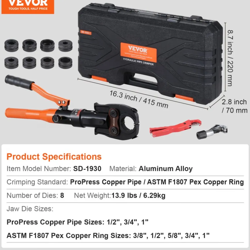 VEVOR Copper Pipe Crimping Tool, Hydraulic Driven Press Tool with 1/2", 3/4", 1" VUS Jaws, Copper Tube Fittings Pipe Crimpers for Narrow Spaces and Tee Fittings