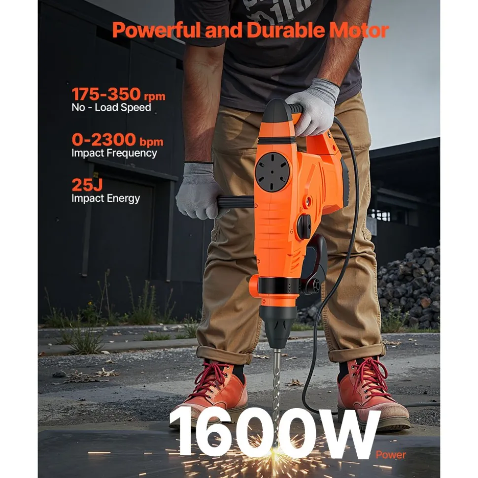 VEVOR Corded Hammer Drill, 1600W 175-350RPM Electric Demolition Drills, 2-Inch SDS-Max Rotary Hammer Driver, 3 Functions Chipping Power Tool Kit for Concrete, Drilling Wood Plastic