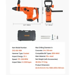 VEVOR Corded Hammer Drill, 1600W 175-350RPM Electric Demolition Drills, 2-Inch SDS-Max Rotary Hammer Driver, 3 Functions Chipping Power Tool Kit for Concrete, Drilling Wood Plastic