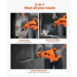 VEVOR Corded Hammer Drill, 1600W 175-350RPM Electric Demolition Drills, 2-Inch SDS-Max Rotary Hammer Driver, 3 Functions Chipping Power Tool Kit for Concrete, Drilling Wood Plastic