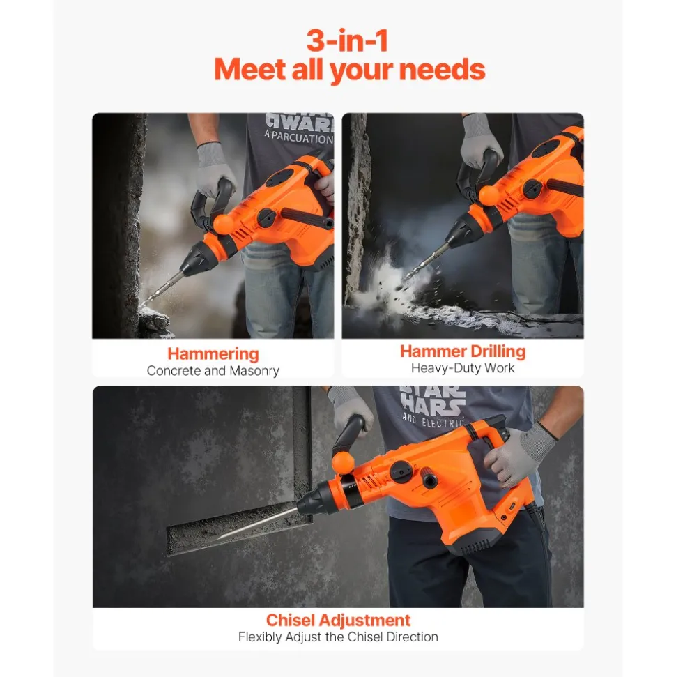 VEVOR Corded Hammer Drill, 1600W 175-350RPM Electric Demolition Drills, 2-Inch SDS-Max Rotary Hammer Driver, 3 Functions Chipping Power Tool Kit for Concrete, Drilling Wood Plastic