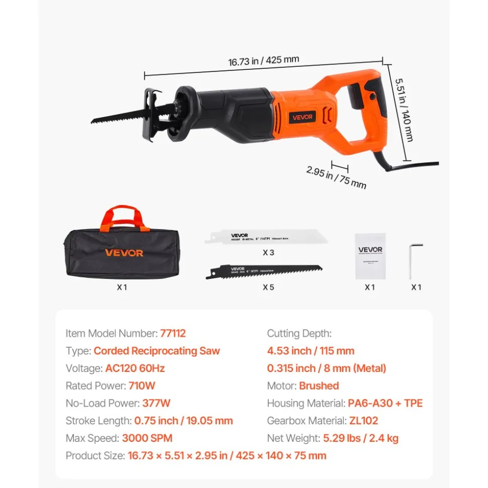 VEVOR Corded Reciprocating Saw, 120 Volt 6 Amp, 3000 SPM Variable Speed, 3/4 inch Stroke Length, Electric Reciprocating Saw with 8 Blades and Carrying Bag, for Wood, Metal, and Plastic Cutting