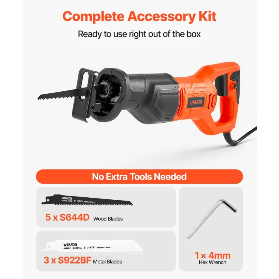 VEVOR Corded Reciprocating Saw, 120 Volt 6 Amp, 3000 SPM Variable Speed, 3/4 inch Stroke Length, Electric Reciprocating Saw with 8 Blades and Carrying Bag, for Wood, Metal, and Plastic Cutting
